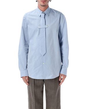 Dries Van Noten Cotton Poplin Dress Shirt With Integrated Tie And Buttoned Tab - Blue