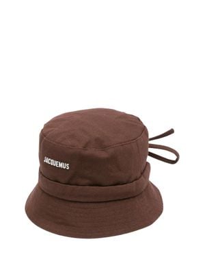 Jacquemus Logo Front Cotton Bucket Hat With Back Drawstring - Brown