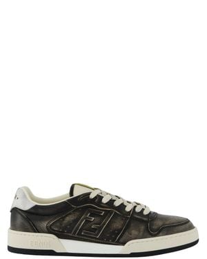 Fendi Match Leather Sneaker With Embossed Ff Logo And Perforated Toe - Black