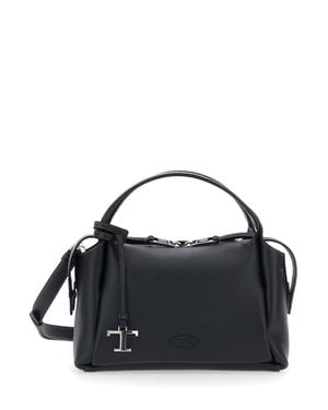 Tod's Style Leather Shoulder Handbag With T Plaque, Top Handle, Adjustable & Removable Strap, Zip Front Closure 24X18X12 Cm - Black