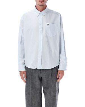 Ami Paris Striped Cotton Boxy Fit Shirt With Ami Of Caur Chest Pocket - Gray
