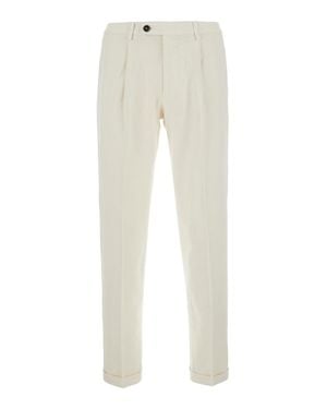 Michael Coal Stretch Cotton Pants With Logo Patch, Cuffed Hem & Pleated Front - Natural