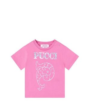 PUCCI Kids Graphic Crew Neck T-Shirt With Shoulder Press-Stud Fastening - Pink