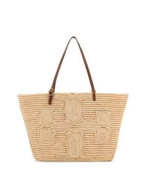 Tory Burch Ella Raffia Shopping Handbag With Golden Metal, 34 Cm Width - Natural
