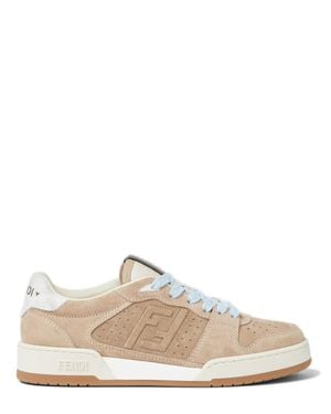 Fendi Inspired Leather Sneaker With Tape Ribbon Tongue, Ff Embossing & Perforated Detail - White