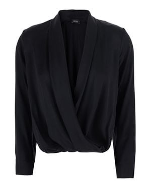 Le Plain Georgette V-Neck Long Sleeve Blouse With Back Closure - Blue