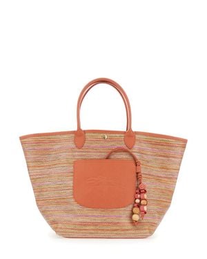 Longchamp Le Panier Pliage Inspired Shoulder Handbag With Charm & Striped Leather-Canvas Design - Brown