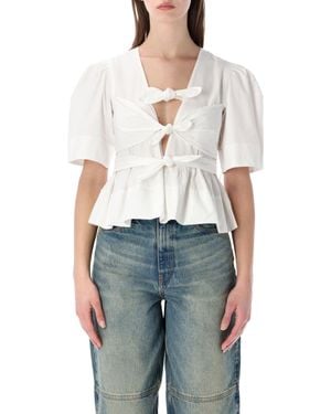 Ganni Washed Cotton Tie-Front Blouse - White
