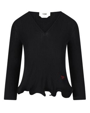 Fendi Long-Sleeved V-Neck Wool Top With Embroidered Logo - Black