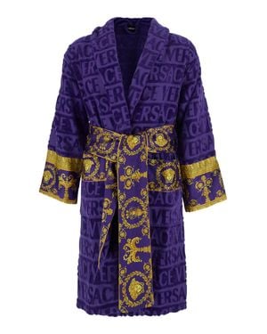 Versace Baroque Print Cotton Bathrobe With Scarf Collar And All-Over Logo - Blue