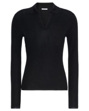 Max Mara Regular Fit Cashmere-Silk Sweater With Open Polo Collar, Long Sleeves - Black