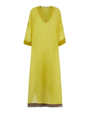 VLISCO DIALOGUES V-Neck Silk Kaftan With Front Metal Plate And Three-Quarter Sleeves - Yellow