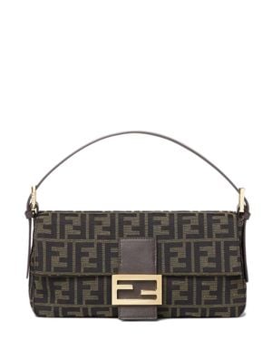 Fendi Mini Fabric Shoulder Bag With Detachable Handle, Ff Buckle, Front Flap & Internal Zip Pocket - Gray