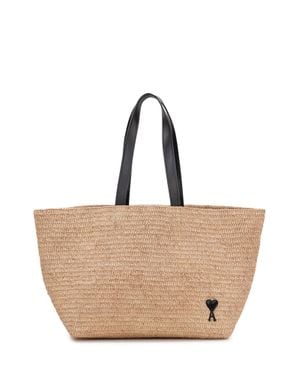 Ami Paris Heart Tote Handbag With Logo - Natural