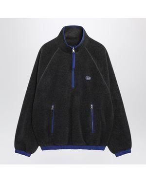 Ami Paris Charcoal Fleece Sweatshirt With Bouclé-Effect Patch And Half-Zip - Black