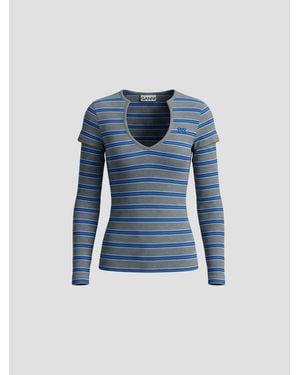 Ganni Soft Cotton Rib V-Neck Long Sleeve Top - Blue