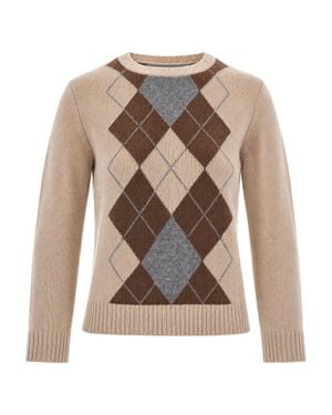 Max Mara Argyle Crewneck Knit Sweater - White