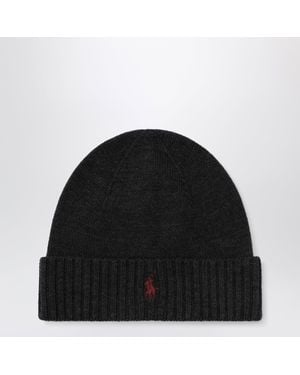 Polo Ralph Lauren Dark Granite Heather Wool Beanie Hat With Pony Detail - Black
