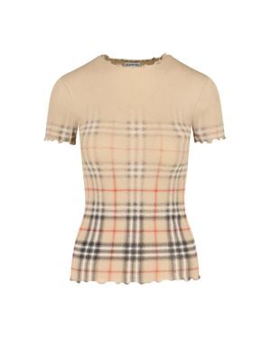 Burberry Short-Sleeved Ribbed Top With Gathered Edges - Natural