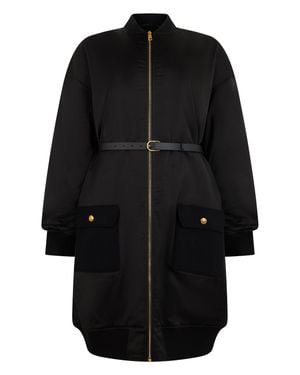 Elisabetta Franchi Knee-Length Technical Fabric Jacket With Zip Front, High Collar & Flared Hem - Black