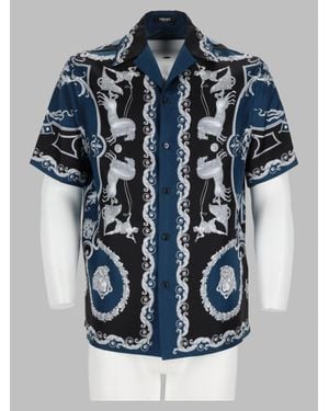 Versace Multicolor Baroque Print Short-Sleeve Silk Shirt - Blue