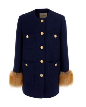 Valentino Inspired Jewel Button Wool Jacket With Vlogo And Fur Cuffs - Blue