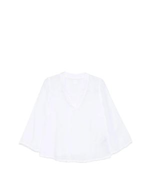 120% Lino V-Neck Sequin Embellished Blouse With Three-Quarter Length Sleeves - White
