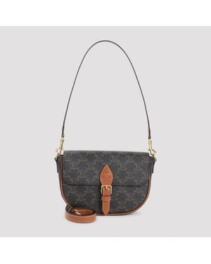 Celine Folco Shoulder Handbag With Triomphe Textile & Calf Leather, 20Cm X 14Cm X 5Cm - Gray