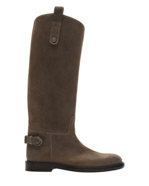 Burberry Cavalier Knee-High Suede Boot With Ankle Buckle And Visible Stitching - Brown