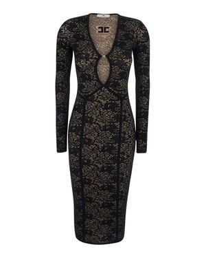 Elisabetta Franchi V-Neck Tech Fabric Lace Mini Dress With Logo Plaque - Black