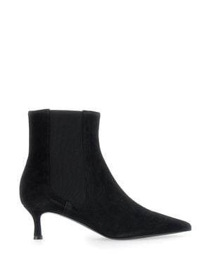 Pollini Suede Low-Heeled Pointed Ankle Boots With Elastic Side Bands - Black