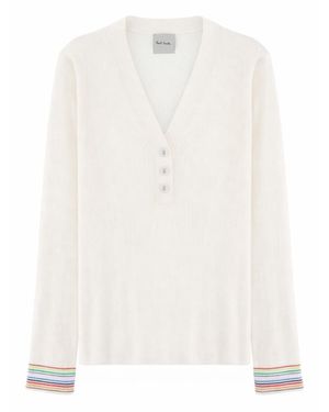 Paul Smith Ribbed Knit Button-Front Long Sleeve Top - White