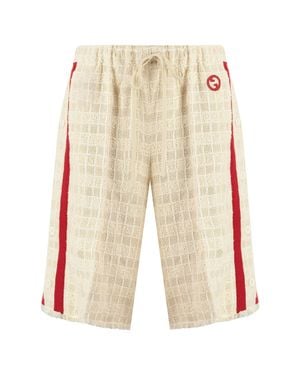 Gucci Frayed Cotton Shorts With Logo Patch And Side Slits - White