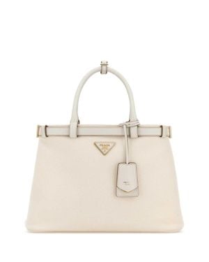 Prada Practical Canvas Shopping Handbag With Calf Leather Trim, 34Cm X 24Cm X 13Cm - Natural