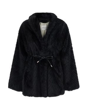 forte_forte Faux Leather Belted Chevron Jacquard Jacket With Classic Collar And Side Pockets - Black