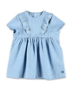 Petit Bateau Mini Chambray Cotton Baby Dress With Heart Embroidery - Blue