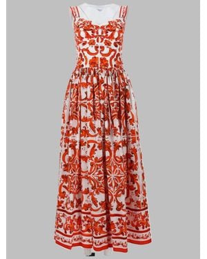 Dolce & Gabbana Long Cotton Poplin Gown With Printed Design - Red