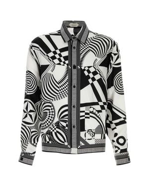 Versace Silk Twill Scarf-Style Optical Motif Shirt - Black