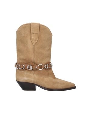 Isabel Marant Suede Western Mid-Calf Boots With Buckled Harness - Natural