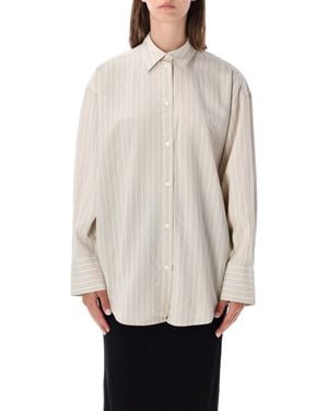 TOTEME Oversized Striped Shirt With Silk Blend And Mother-Of-Pearl Buttons - White