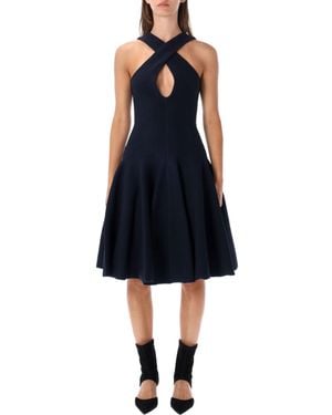 Alaïa Alaïa-Style Compact Knit Keyhole Crossover Mini Dress, Sleeveless Fitted-Flared - Blue