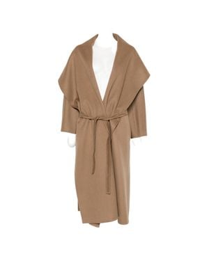 Max Mara Cashmere Scarf-Collar Hooded Coat With Raglan Sleeves And Side Pockets - Natural