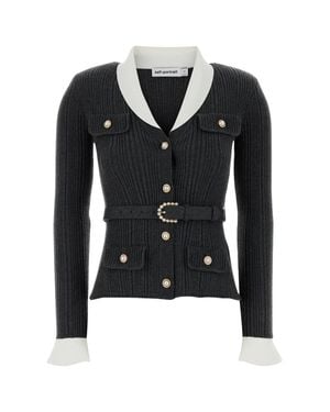 Self-Portrait Ribbed Button-Front Cardigan With Belt - Black