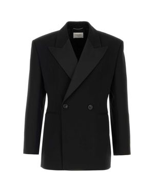 Saint Laurent Double-Breasted Textured Blazer Jacket - Black