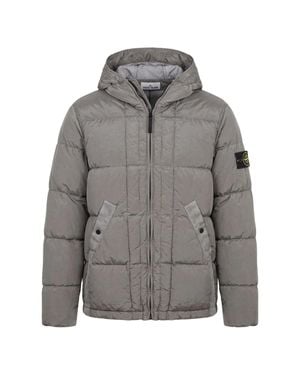 Stone Island Hooded Down Jacket With Zip Closure And Stone Badge - Gray