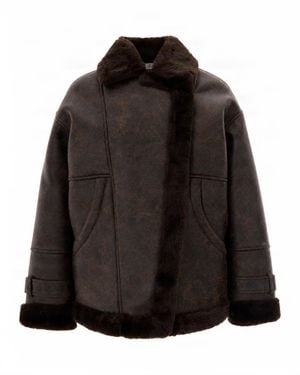Liu Jo Faux Fur Trim Shearling Coat - Black