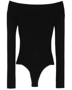 Alaïa Ribbed Off-Shoulder Long Sleeve Bodysuit - Black