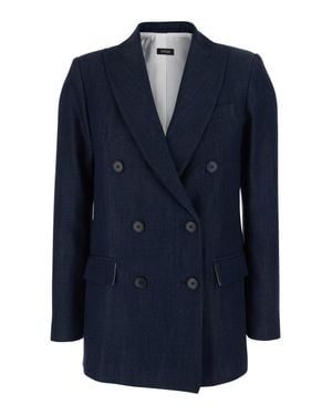 Le Plain Double-Breasted Peak Revers Tech Fabric Blazer Jacket For - Blue