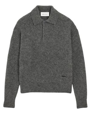 Ami Paris Alpaca-Wool Blend Polo Shirt - Gray