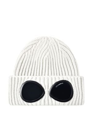 C.P. Company Ribbed Knit Beanie With Stitched Logo Label And Goggle Lenses - White